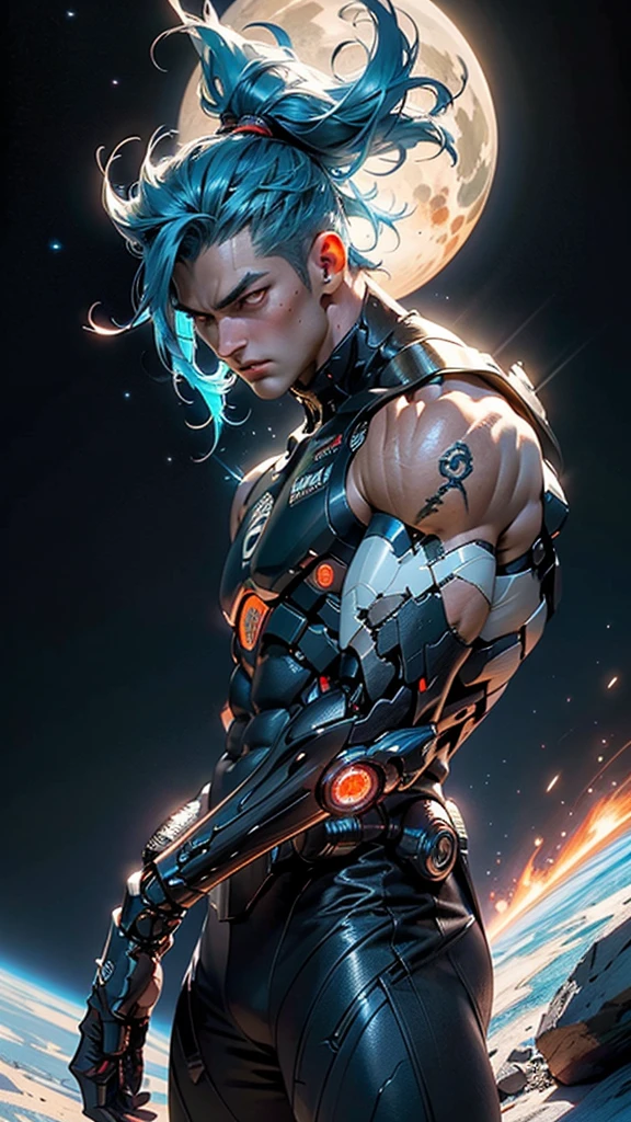 A handsome male cyborg, shining 파란색 문신, ((glowing red eyes)), Extreme instinct, Energy Man, fire, enough, Male Cyborg, 남성 muscular blue body, male bodybuilder,blue male pecs, blue skin, blue male, sexy, neon ((Blueskin body)), blue bodybuilder, masculine, ((shining)) ((glowing)),muscular man blue synthetic biomech, sacred pose, sacred, Faceless, (1 male), flat face, action shot, Cybernetic, Completely blue, (have no hair), smooth, Synthetic skin, synthetic muscle, precisely anatomy, all smooth, No license plate, (blurry face), Completely white, (No human), (male focus), armpit, masculine shape, masculine, rough, High , sexy, correct anatomy, almost naked, Only,Blue humanoid, white electricity coming through cracks, muscular man,((((blue body, blue face, completely blue skin, completely see-through body and skin,translucent skin)))) ((Fantastic bridge ancient:1.5, Built of dark stone, shining 파란색:1.5)),((별이 shining 하늘,unknown constellation)),(night, Koyo,Mystery),((Dark tone of background)),((broken earth,Asteroid field:1.5)),(Jagged dark rock boulders and debris rise into the air..:1.3),Extraterrestrial sight,dark asteroid belt,surrounded by several dark asteroids glowing with fiery auras, 광활하고 Mystery로운 우주,Space Landscape,Mystery한 행성,sight:1.25,((convoluted sight)),(black background, The star that doesn&#39;t shine, A sense of spaciousness), (Glossy antique ornaments),mackerel,sharp focus,(very detailed,very detailed),(realistic work:1.37),(very detailed CG unity 8k wallpaper),(((vivid colors,vivid theme))),(convoluted),(masterpiece),(best quality),artistic photo,(Photos taken by sldr),(convoluted background),((convoluted detail)),(((realism))),
