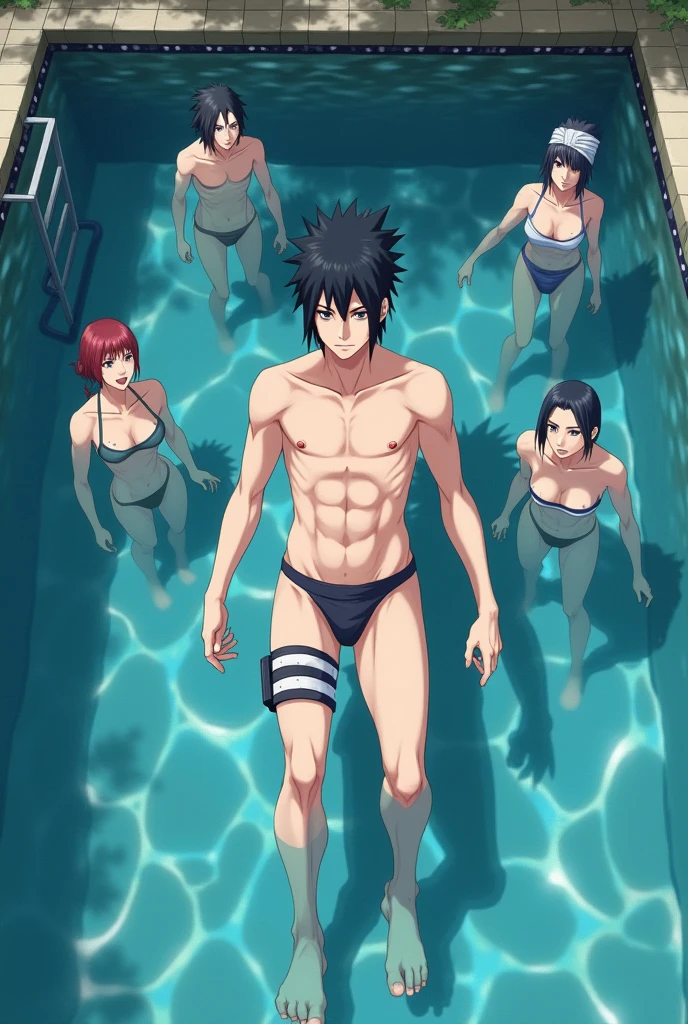 Sasuke Uchiha wearing thongs in a pool as a ??? slave with 5 dicks surrounding him