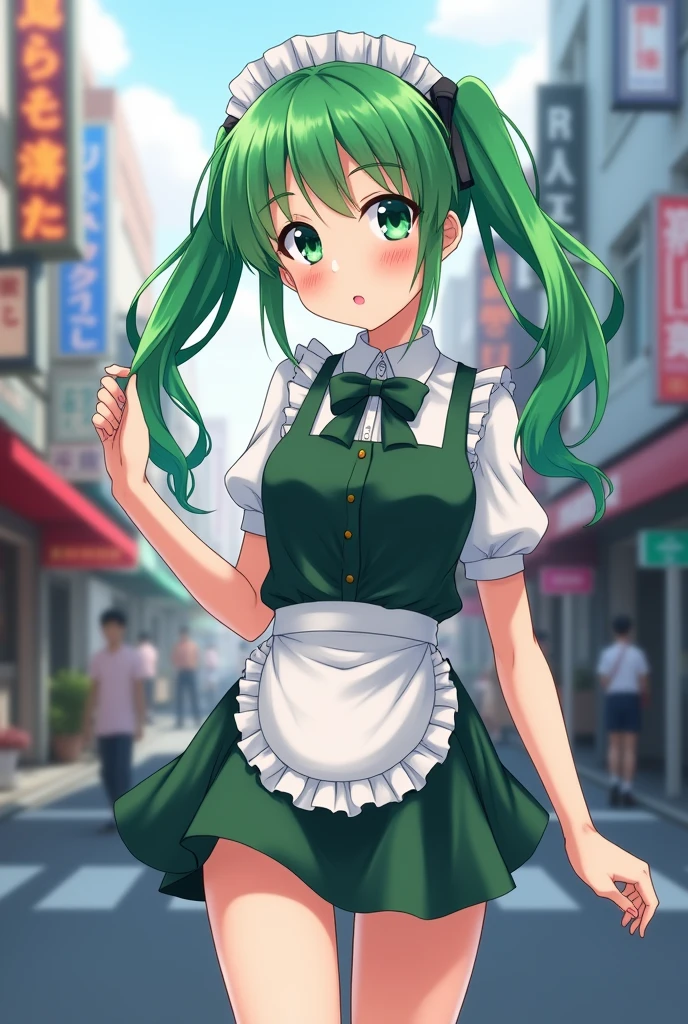 (-yeld gi1.2),Akihabara Maid Clothing,mini skirt,Green Hair Anime Girl,(Twin tails:1.1),In the streets of Akihabara,Small breasts