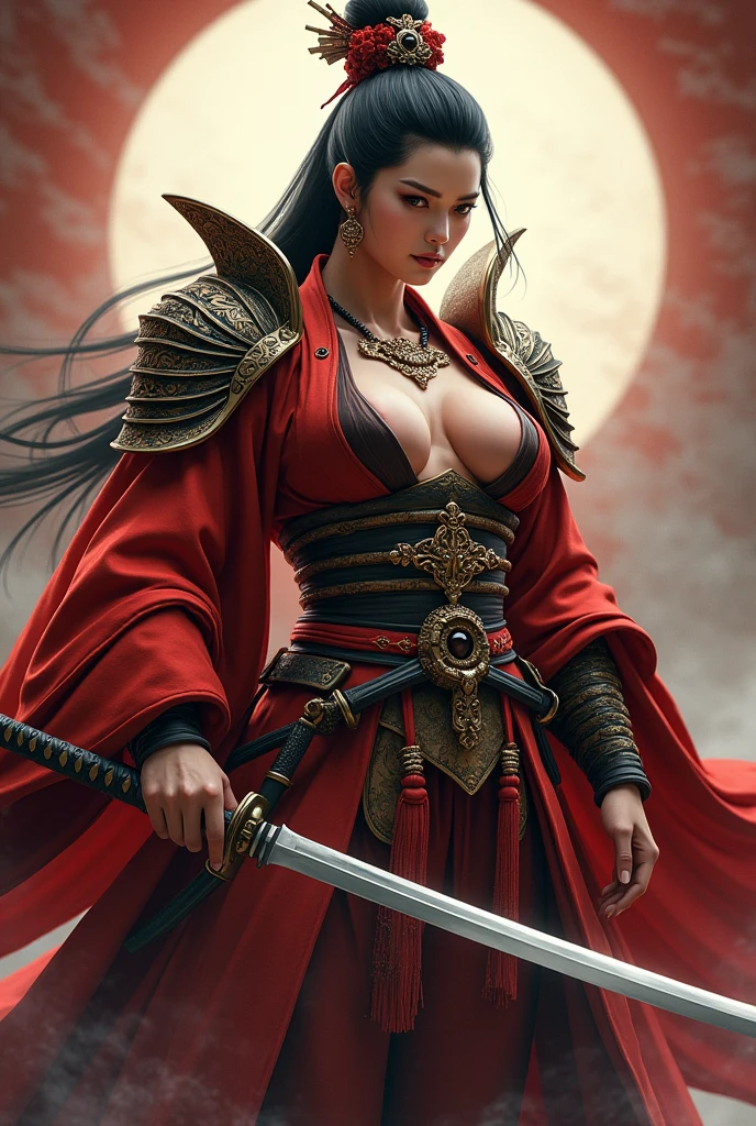 Futanari woman shogun with naked big breast, heavy muscle with katana, wider shoulders, muscle arms , extremely muscular 