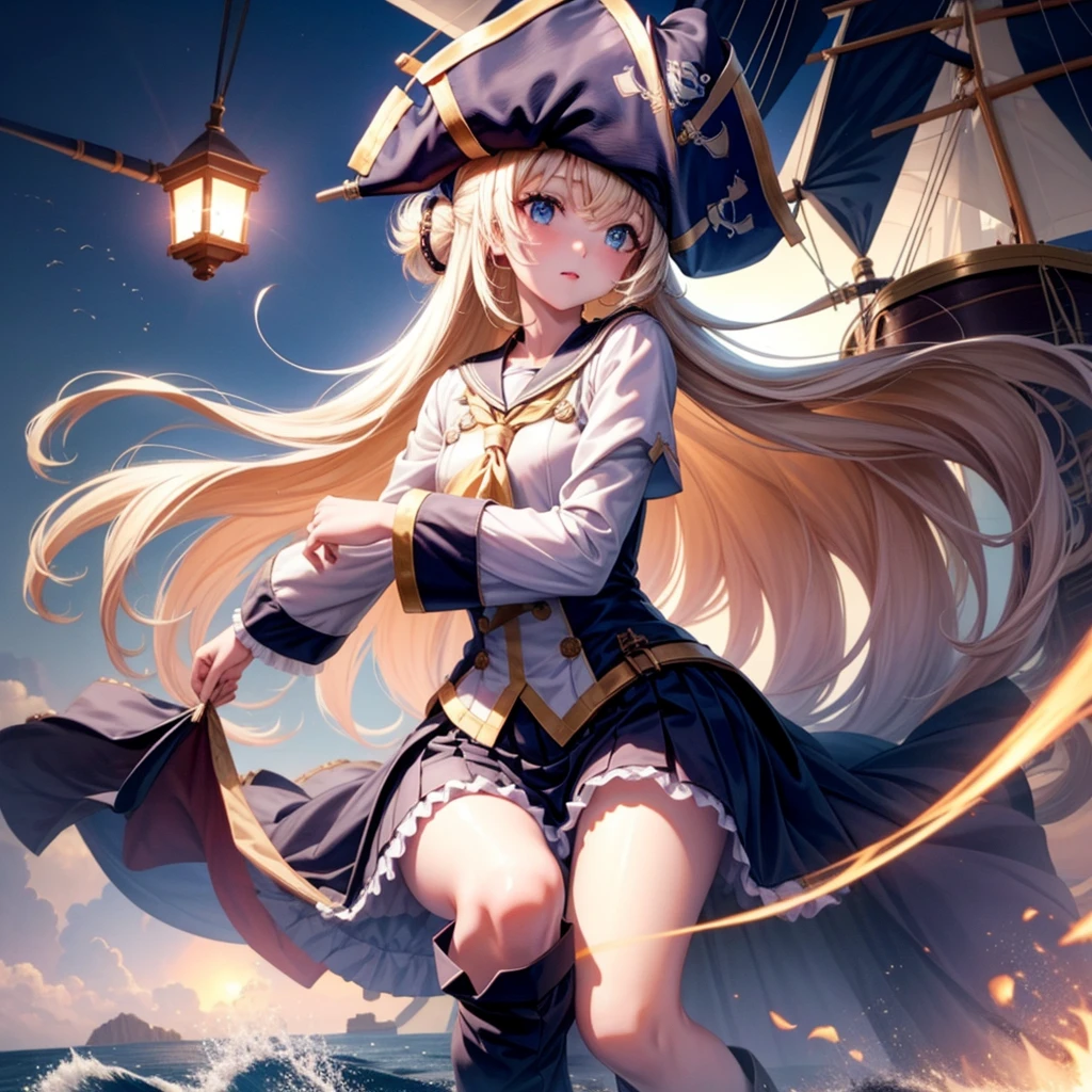 One Girl, pirate, Highest quality、Cinema Lighting、Sailor suit、Long skirt、Galleon Deck、White panties,