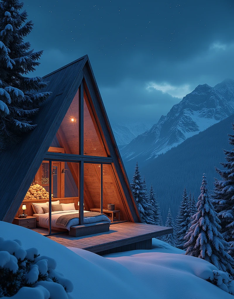 sky night .In night christmas. A bedroom in a wooden house made of glass triangular with a fireplace .overlooking the white snow in the mountain forest