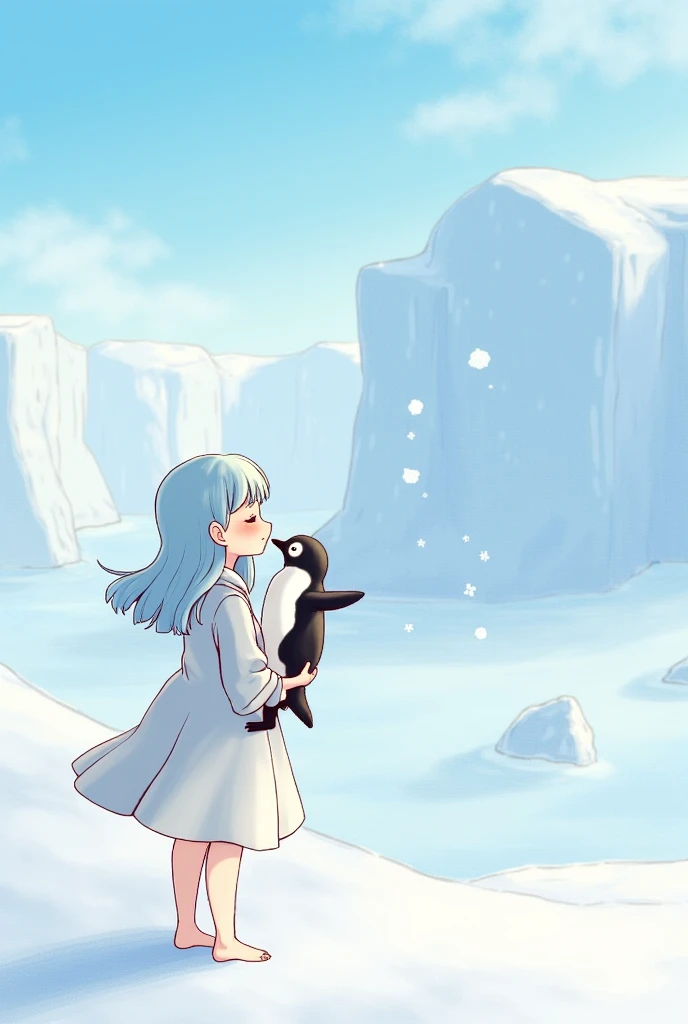 A girl with light blue hair holding a penguin