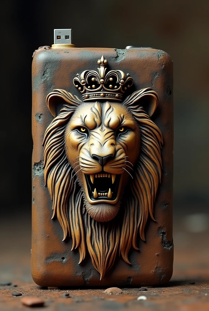 a power bank that’s the size of a flash drive that looks ancient and cool and has a small craving of a fierce lion wearing a crown 