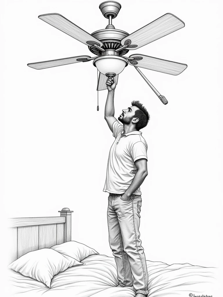 detailed pencil sketch of a man  standing on the bed holding a wooden stick and trying to rotate the celling fan