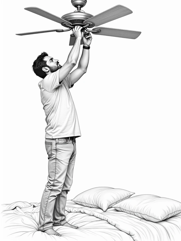 detailed pencil sketch of a man standing on the bed holding a wooden stick and trying to rotate the celling fan
