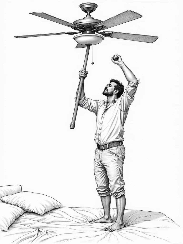 detailed pencil sketch of a man  standing on the bed holding a wooden stick and trying to rotate the celling fan