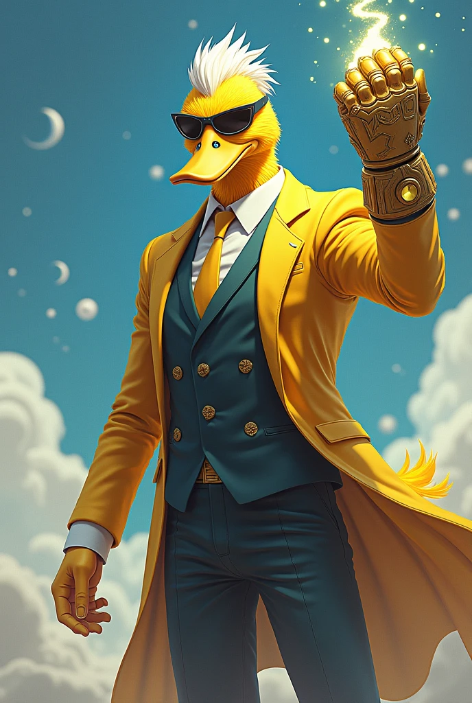 Create a man who is a yellow duck with a suit an infinity gauntlet, white hair like gojo from jjk and Sunglasses