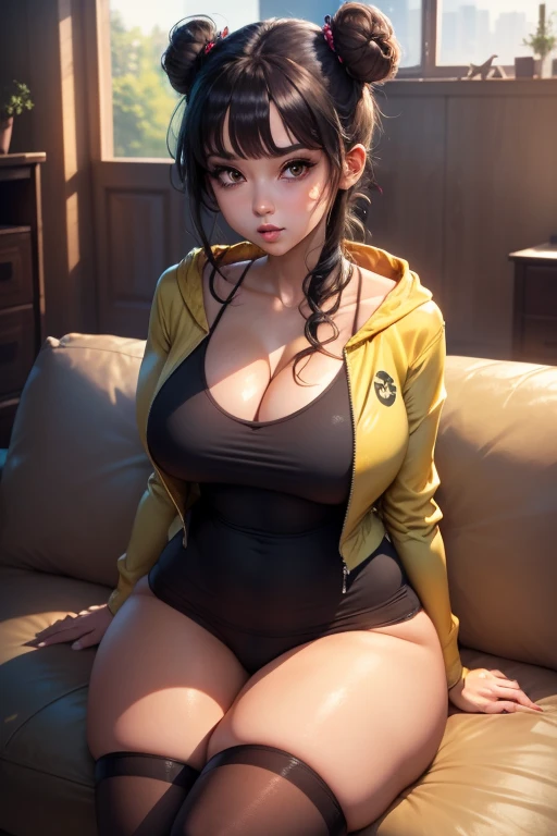 an anime girl with black hair, yellow jacket and white stockings sitting on a couch, 1girl, breasts, solo, sitting, cleavage, jacket, looking at viewer, hood, black hair, yellow eyes, hair bun, double bun, plant, indoors, long sleeves, large breasts, thighs, black jacket, hood down, hooded jacket, collarbone, bangs, sidelocks , (best quality, masterpiece, ultra-detailed, illustration1.2),(8K wallpaper),(beautiful detailed eyes1.2), beautiful, amazing, detailed eyes, (detailed skin)