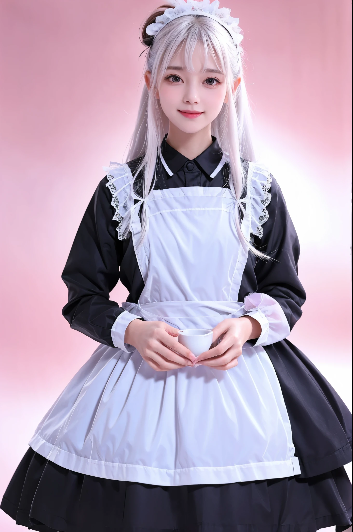 high resolution,smile,happy,light smile,woman,woman1人,adult,Clear,cute, blunt bangs,White Hair,BREAK, Pink eyes,BREAK,wavy hair,long hair,BREAK, ((looking at viewer)), Black maid outfit,BREAK,Facing forward,BREAK,Pink background, BREAK,
