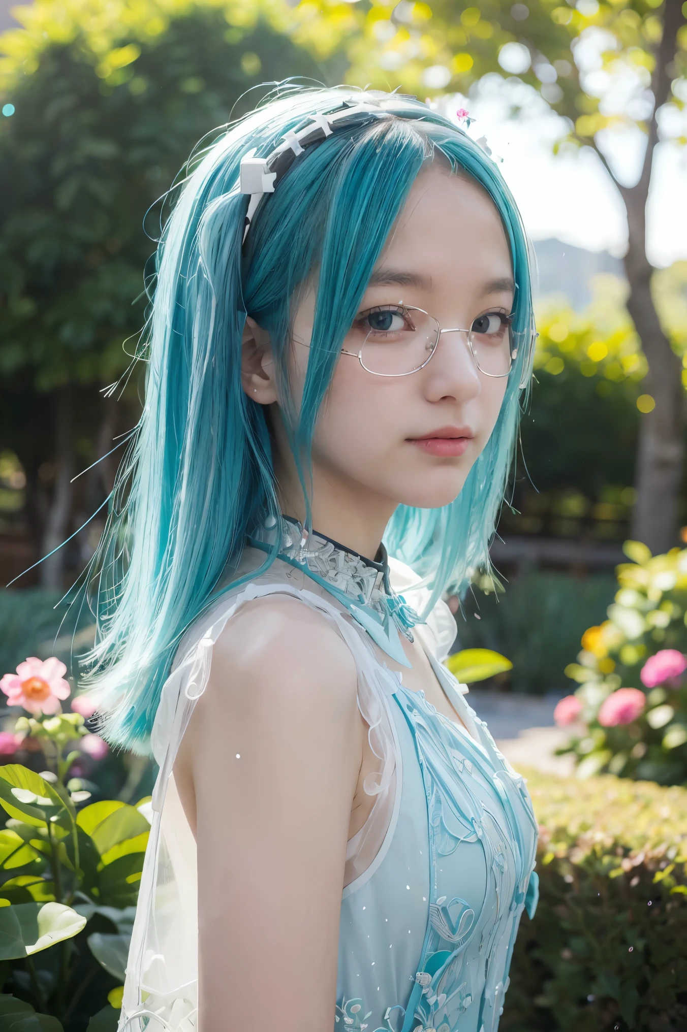 (masterpiece, best quality:1.4), high detail, detailed background,dramatic lighting, 1girl, cute, (vocaloid), ((Hatsune Miku)), ((blue teal hair)), (long hair), (pastel colors:0.9), (blue beautiful eyes), (gradient hair), (gradient eyes), (((masterpiece, best quality, volumetric lighting, dynamic pose, intricately detailed face))), ((perfect eyes)), (((looking at the viewer))), ((summer)), ((perfect details)), ((light particles)), ((scenery)), ((Garden)), ((illustration, aesthetic)), flowers covering one eye, ((robotic dress)),