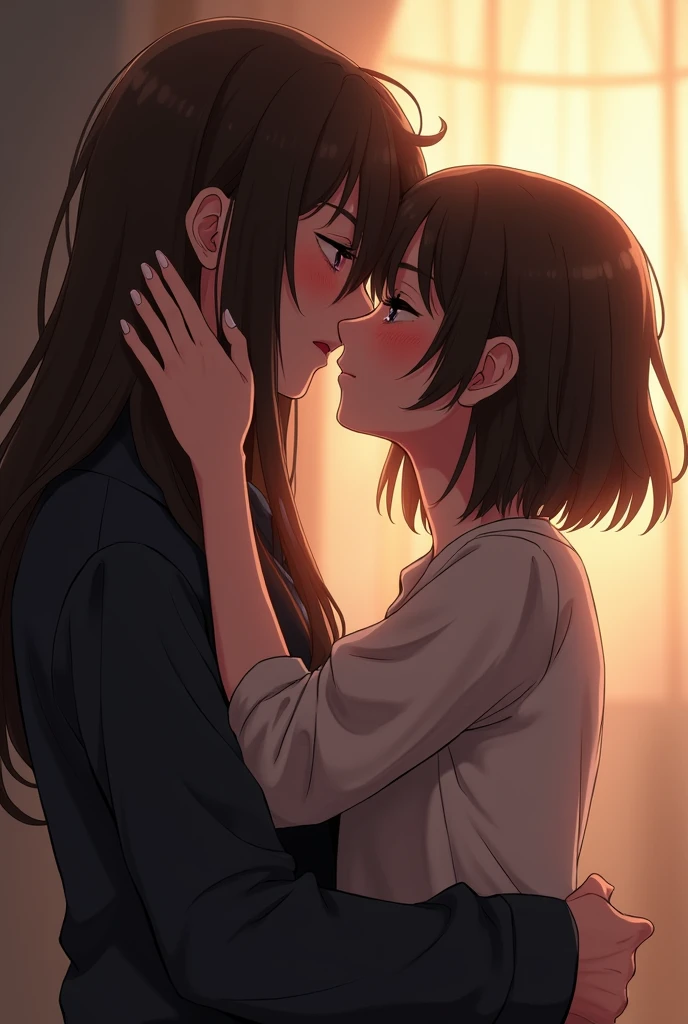 a girl with really short, dark brown hair. which is not longer than the beginning of her neck. she has a rebellious vibe. she’s kissing with a sweet boy, who has brown and very long straight hair. they are in love. she’s touching him. make it look very intimate.