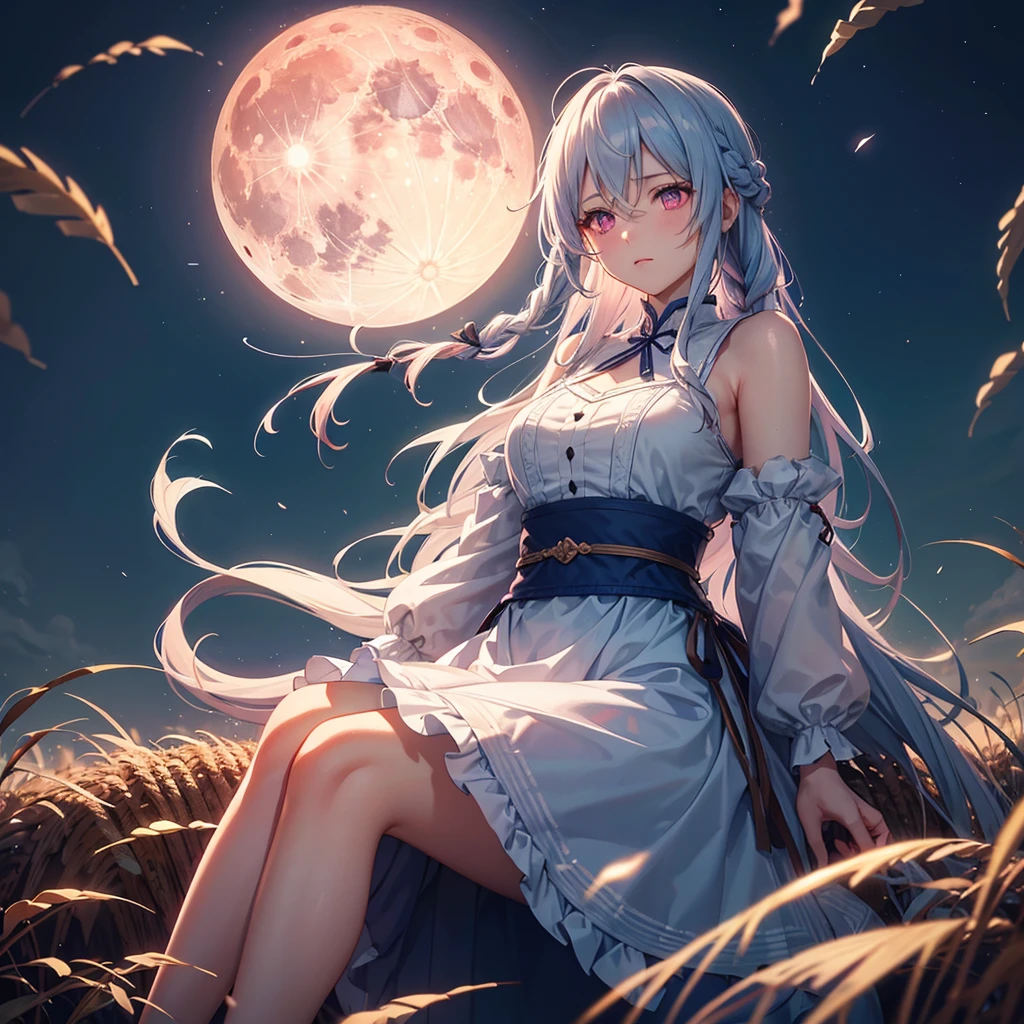 (Sky blue braided medium length hair), (Pink eyes),(Fair skin)  ,(whole body),(One Girl),(harvest moon),(Miscanthus sinensis in the background),autumn,(full moon),(masterpiece, Highest quality, Very detailed, Best Shadow), (Detailed Background), (Beautifully detailed face), High Contrast, (Best lighting, Very delicate and beautiful), ((Cinematic Light)), Hyper Detail,8k, Dramatic Light, 
