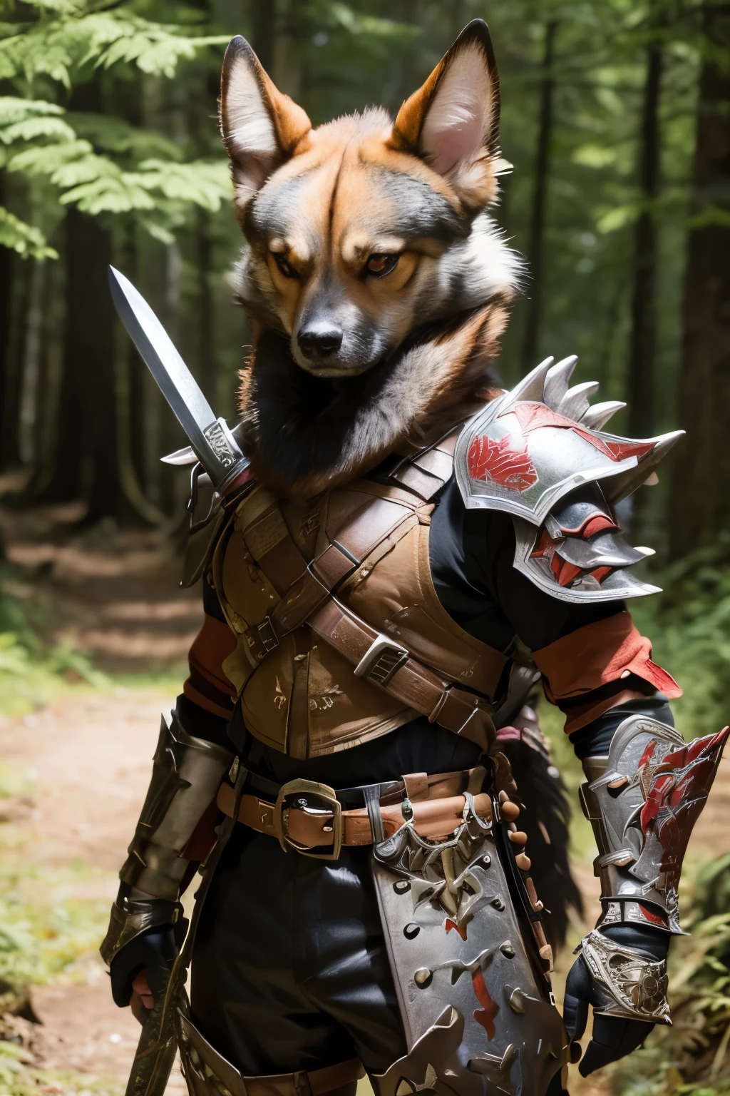 An anthropomorphic dog wearing hunter gear from the game Monster Hunter。Wearing the Rathalos equipment armor、Holding a large sword。The background is the forest