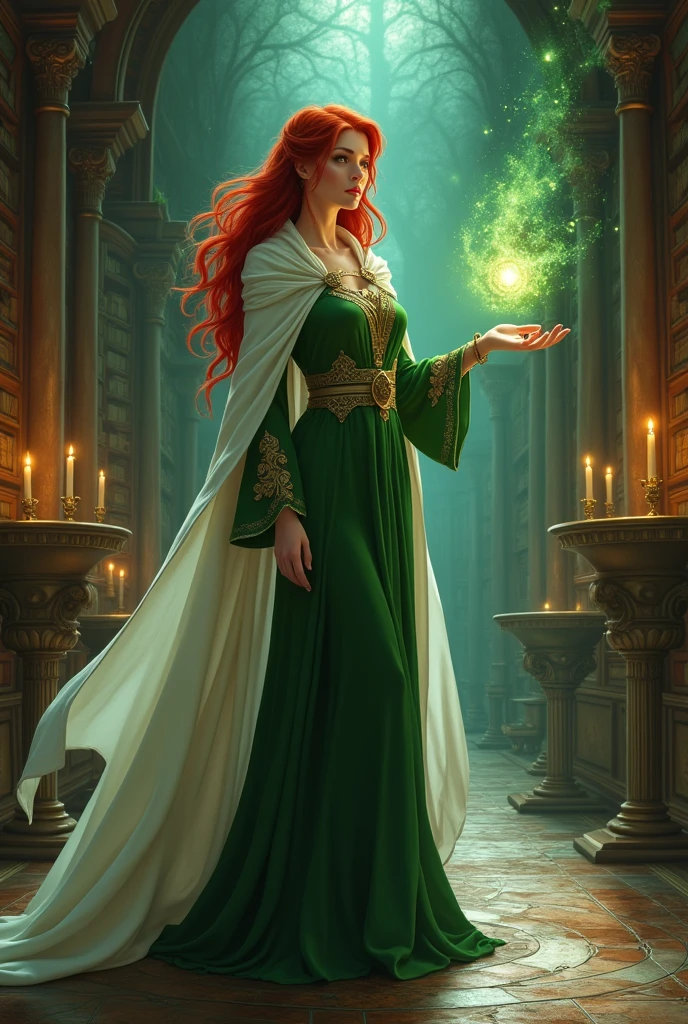 high details, best quality, 16k, [ultra detailed], masterpiece, best quality, (extremely detailed), full body, ultra wide shot, julie bell style (ultra details, Masterpiece, best quality), fantasy art, dnd art,fantasy art, realistic art, a sorceress casting a DruidMagicAI spell in magical library (ultra details, Masterpiece, best quality), exquisite beautiful human woman (ultra details, Masterpiece, best quality), red hair, long hair, (long green dress: 1.2), (white cloak: 1.3), high heeled boots (ultra details, Masterpiece, best quality) DruidMagicAI