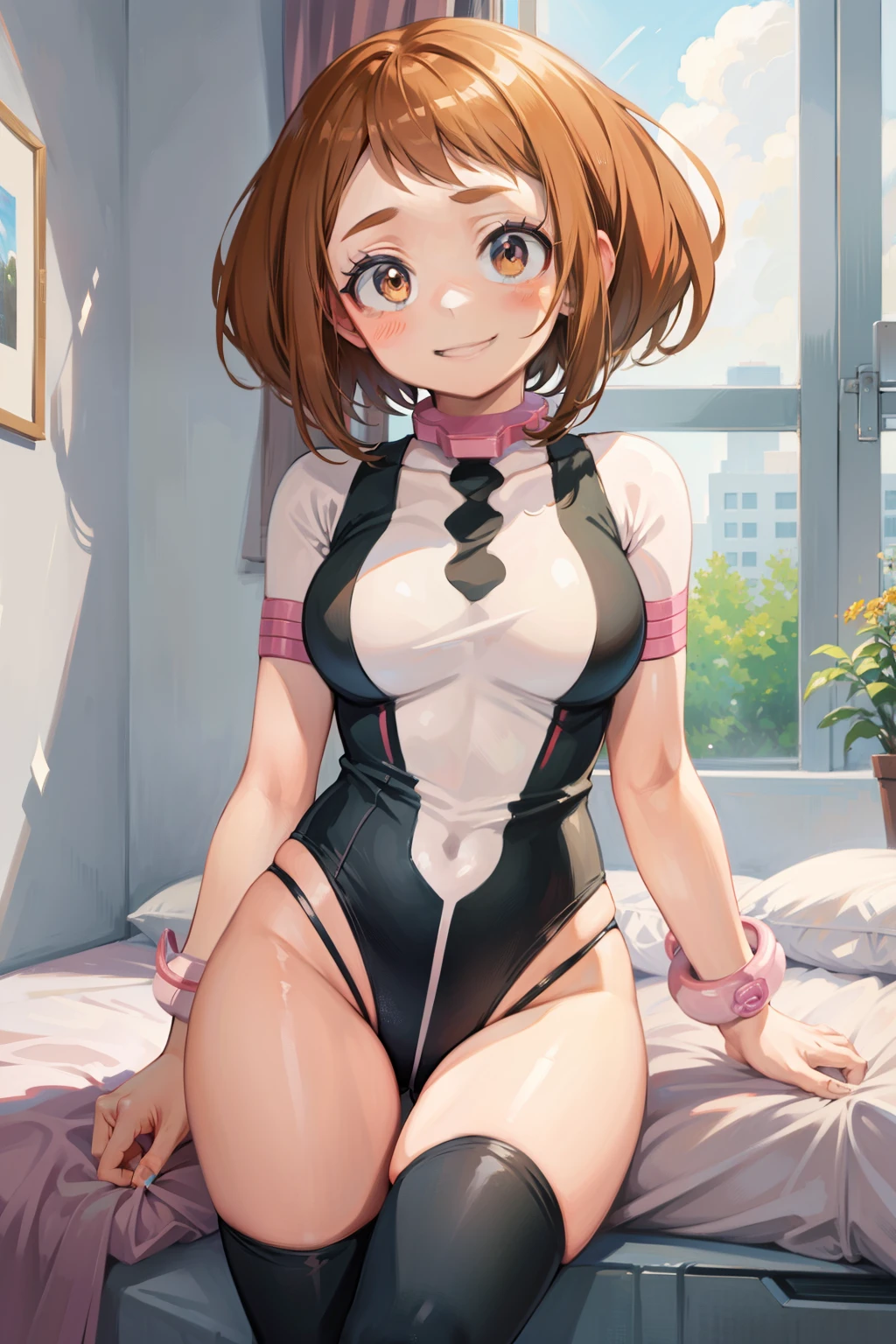 Ochaco Uraraka  ,1girl , anime , masterpiece  ,  smug smile ,short hair, uniforme  leotard thong  , medium  breasts , coxas , bedroom , sexy 