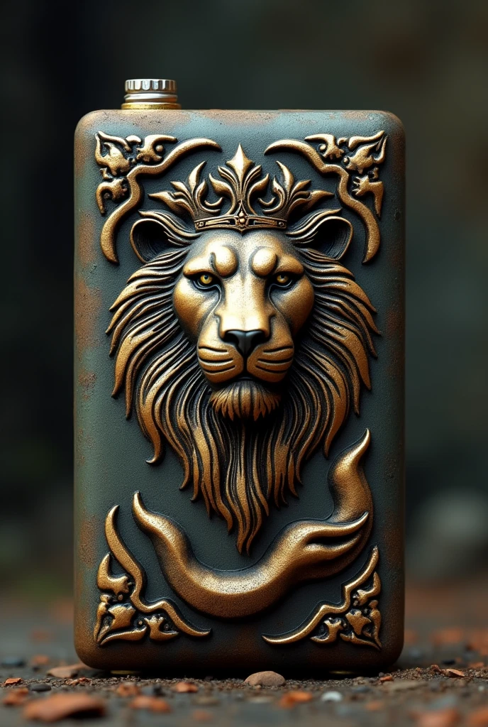 a power bank that’s the size of a flash drive that looks ancient and has a small craving of a fierce lion wearing a crown
