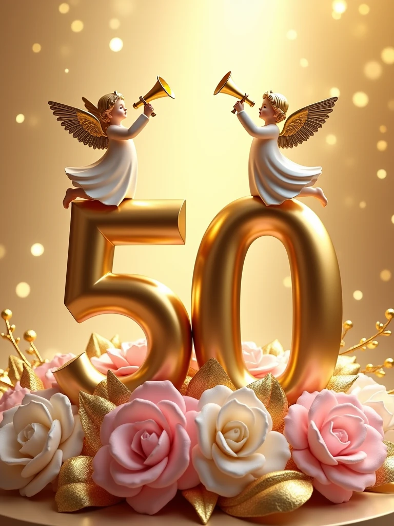 a 3d flat golden 50 with an angel on top of it with a trumpet and another on the right side of 50 turning right welcoming others, lying on pink and white flower bouquets with golden leaves, backdrop of glittering gold particles