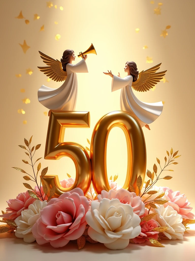 a 3d flat golden 50 with an angel on top of it with  a trumpet and another on the right side of 50 turning right welcoming others, lying on pink and white flower bouquets with golden leaves, backdrop of glittering gold particles