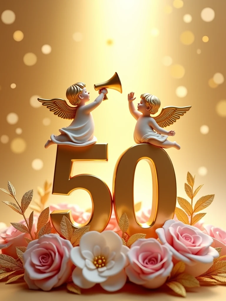 a 3d flat golden 50 with an angel on top of it with a trumpet and another on the right side of 50 turning right welcoming others, lying on pink and white flower bouquets with golden leaves, backdrop of glittering gold particles