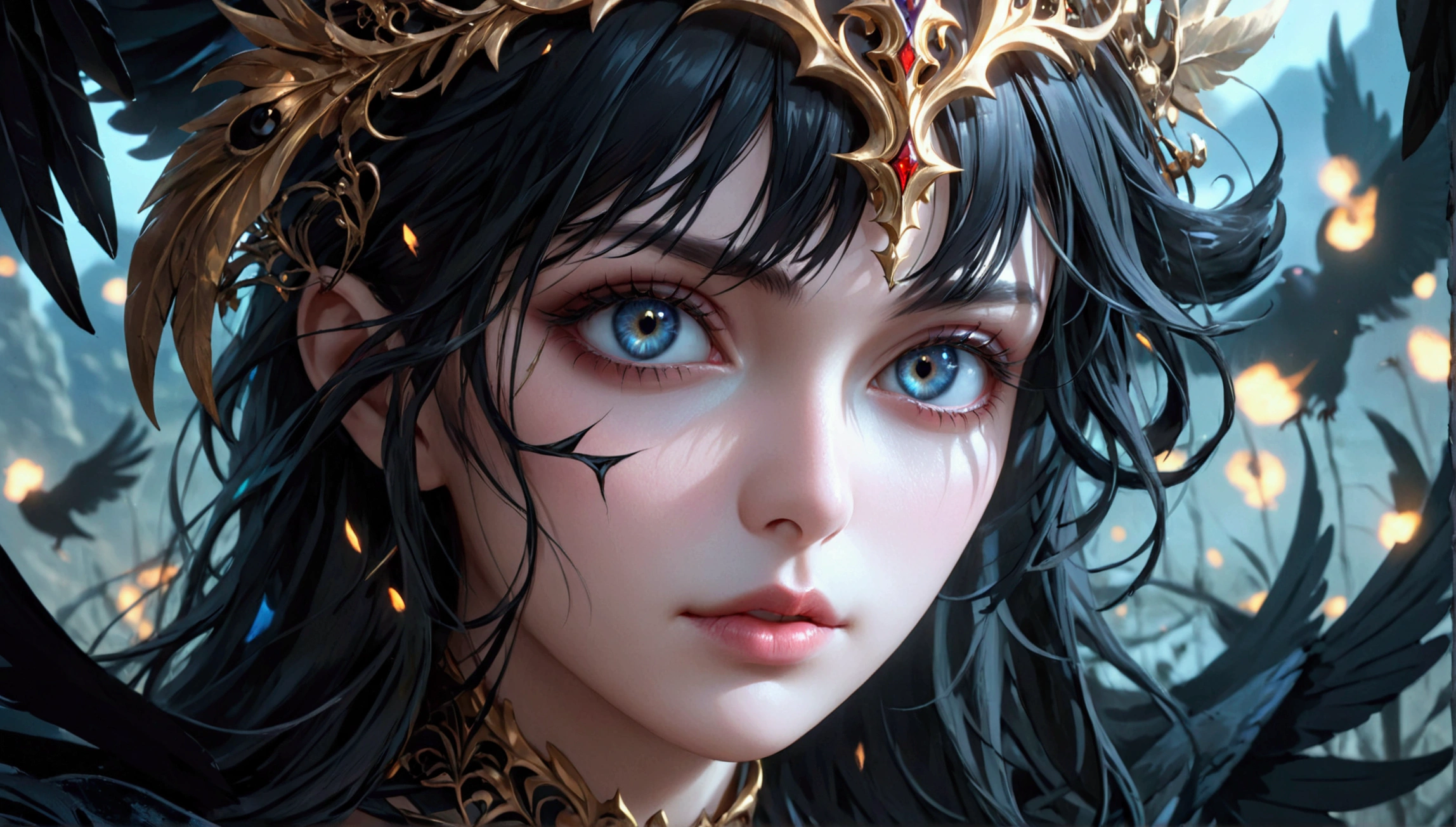 (Masterpiece, Textured Skin, Super Detail, Award-Winning, Best Quality, 16k, HDR), Highly Detailed Face, Beautiful Detailed Eyes, Beautiful Detailed Lips, Ultra-Detailed Big Breasts, Extremely Shaped Breasts, Extreme Detail Description, Vivid and Intense Colors, Vibrant Colors, Bright Magic Aura, Ethereal Lighting, Beautiful Woman, Perfect, Fantasy Work, Black Wings, Death Divinity, God, Chaos Bearer, evil power around the Goddess, magic, reaper, death, Raven, Dark, Grim dress, majestic view, looking at the viewer, (surrealism, depth of field, cinematic lighting, ray tracing, 135mm, close-up, dramatic pose, digital art, dramatic photo, symmetrical eyes, complex background)
