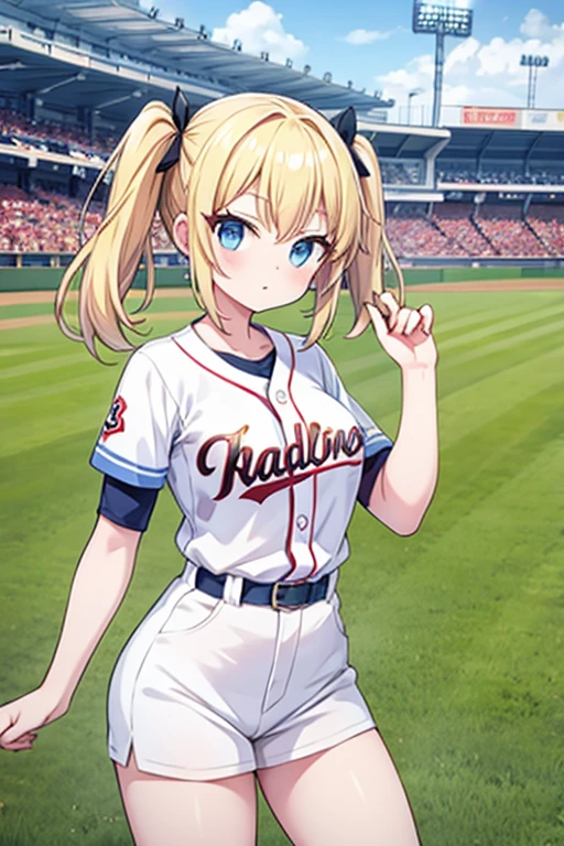 Highest quality,masterpiece,Blonde with blue eyes、Baseball player、Stand at bat,(koshien BaseballStadium1.1),Beautiful breasts、Twin tails、Girl&#39;s cute eyes,under boob,enjoy,