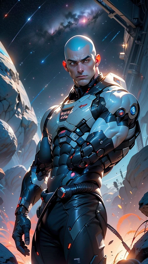 A handsome male cyborg, shining 파란색 문신, ((glowing red eyes)), Extreme instinct, Energy Man, fire, enough, Male Cyborg, 남성 muscular blue body, male bodybuilder,blue male pecs, blue skin, blue male, sexy, neon ((Blueskin body)), blue bodybuilder, masculine, ((shining)) ((glowing)),muscular man blue synthetic biomech, sacred pose, sacred, Faceless, (1 male), flat face, action shot, Cybernetic, Completely blue, (have no hair), smooth, Synthetic skin, synthetic muscle, precisely anatomy, all smooth, No license plate, (blurry face), Completely white, (No human), (male focus), armpit, masculine shape, masculine, rough, High , sexy, correct anatomy, almost naked, Only,Blue humanoid, white electricity coming through cracks, muscular man,((((blue body, blue face, completely blue skin, completely see-through body and skin,translucent skin)))) ((Fantastic bridge ancient:1.5, Built of dark stone, shining 파란색:1.5)),((별이 shining 하늘,unknown constellation)),(night, Koyo,Mystery),((Dark tone of background)),((broken earth,Asteroid field:1.5)),(Jagged dark rock boulders and debris rise into the air..:1.3),Extraterrestrial sight,dark asteroid belt,surrounded by several dark asteroids glowing with fiery auras, 광활하고 Mystery로운 우주,Space Landscape,Mystery한 행성,sight:1.25,((convoluted sight)),(black background, The star that doesn't shine, A sense of spaciousness), (Glossy antique ornaments),mackerel,sharp focus,(very detailed,very detailed),(realistic work:1.37),(very detailed CG unity 8k wallpaper),(((vivid colors,vivid theme))),(convoluted),(masterpiece),(best quality),artistic photo,(Photos taken by sldr),(convoluted background),((convoluted detail)),(((realism))),