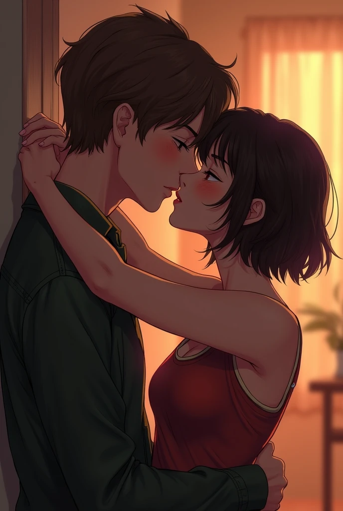 a girl with really short, dark brown hair. which is not longer than the beginning of her neck. she has a rebellious vibe. she’s kissing with a sweet boy, who has brown and very long straight hair. they are in love. she’s touching him. make it look very intimate. 
