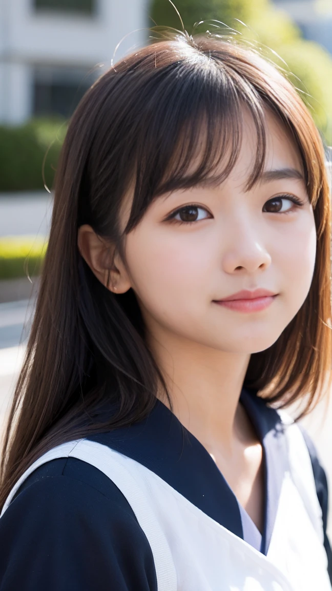 ((Cute 10 year old Japanese))、on the road、Highly detailed face、Pay attention to the details、double eyelid、Beautiful thin nose、Sharp focus:1.2、Beautiful woman:1.4、(Gal Hairstyles)、Pure white skin、Highest quality、masterpiece、Ultra-high resolution、(Realistic:1.4)、Highly detailed and professional lighting、nice smile、Japanese school girl uniform