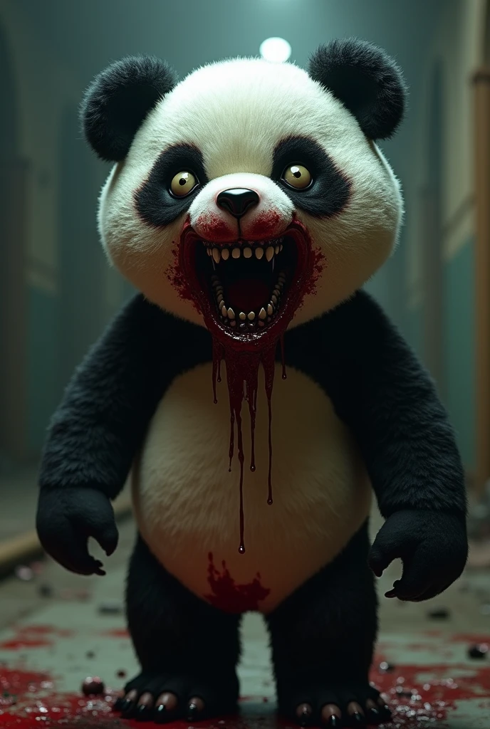 Mascotte panda attractions qui fait peur avec des tâches de sang partout autour de la bouche
