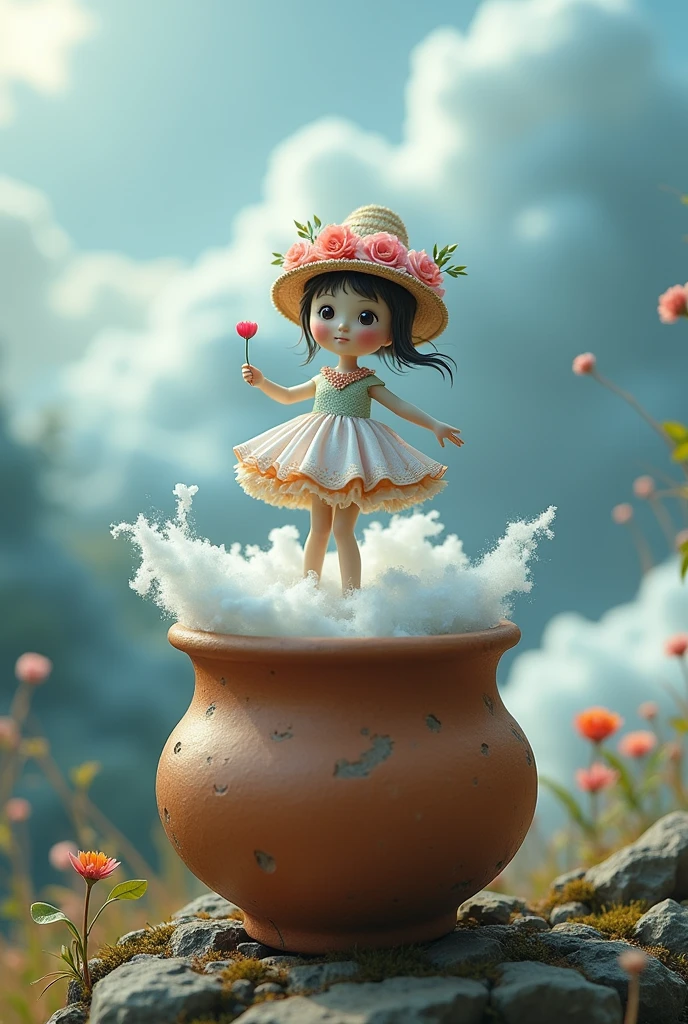 A whimsical miniatures figure, crafted from a vidrant medley of white cloud,assumesa lively dancing pose a top a worn,earthy pot surrounded by a lush sky scene a wash in the soft,misty glow of rain kissed white and blues,evoking a sense of mythical wonder and serenity