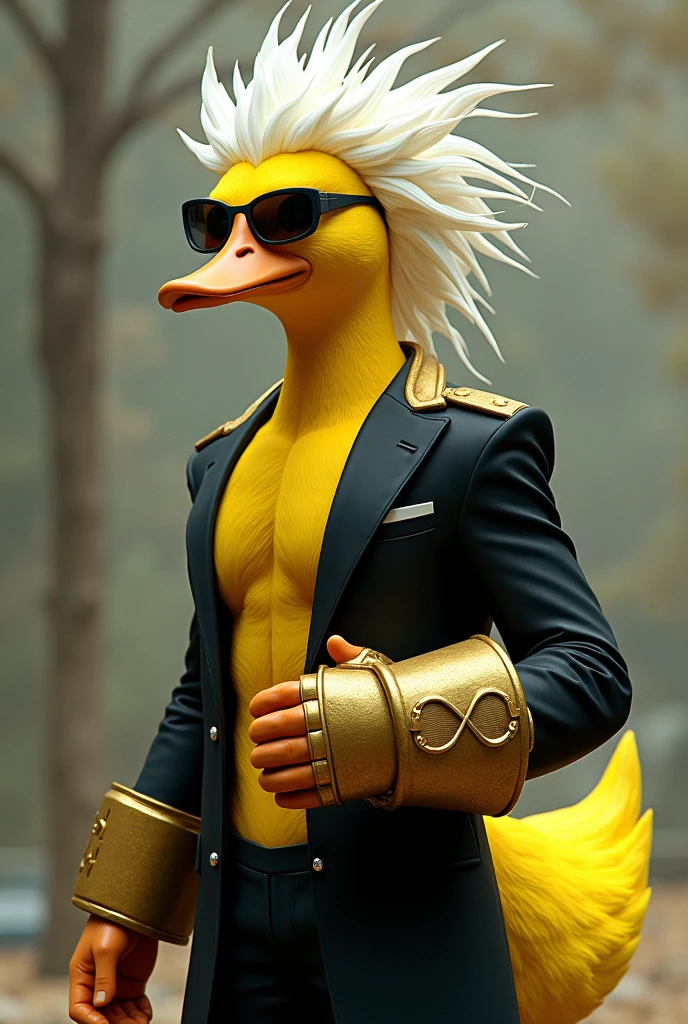 Create a man who is a yellow duck with a black suit an infinity gauntlet, white hair like gojo from jujutsu kaisen and Sunglasses 