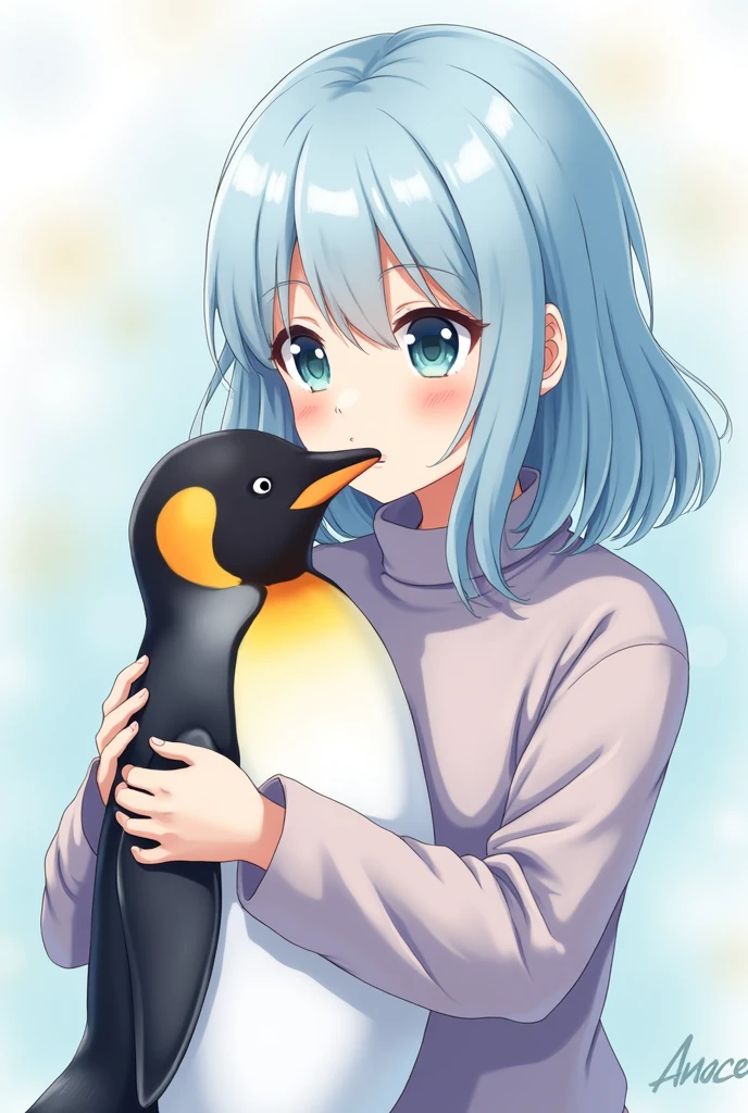A girl with light blue hair holding a penguin, anime style, cute