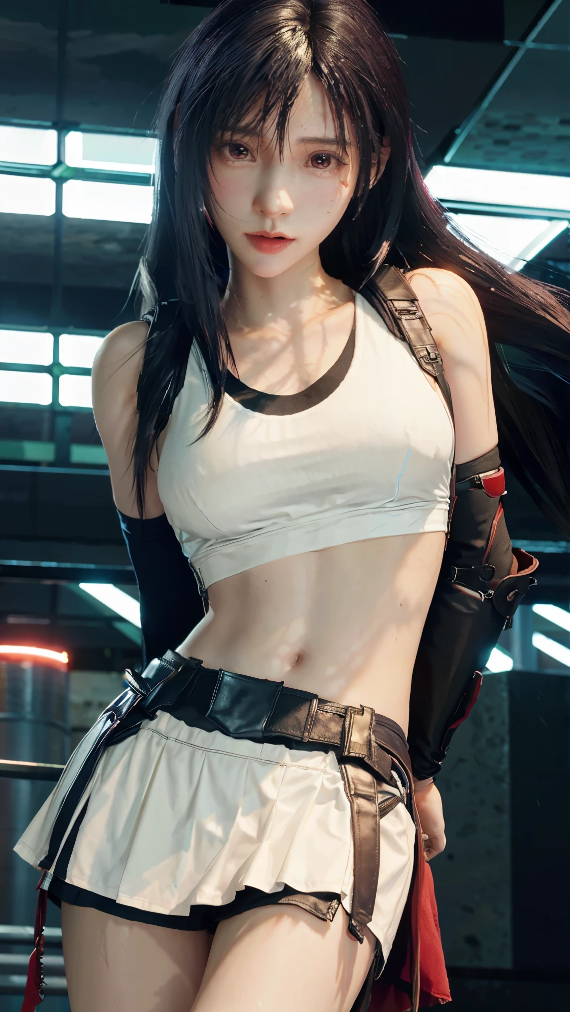 (photorealistic:1.4),1girl, tifa lockhart, red eyes, black hair, white bra, wet shirt, torn skirt, cropped torso,