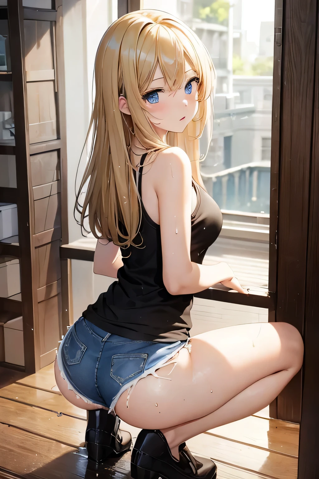 masterpiece、Highest quality、High resolution、1 girl、Blonde, blue-eyed beauty、Medium Hair、Straight Hair、Black tank top、sexy short jean skirt、Show your buttocks and squat、corridor、Is peeing、Wet from the ass、Small puddle on the floor、Wet thighs