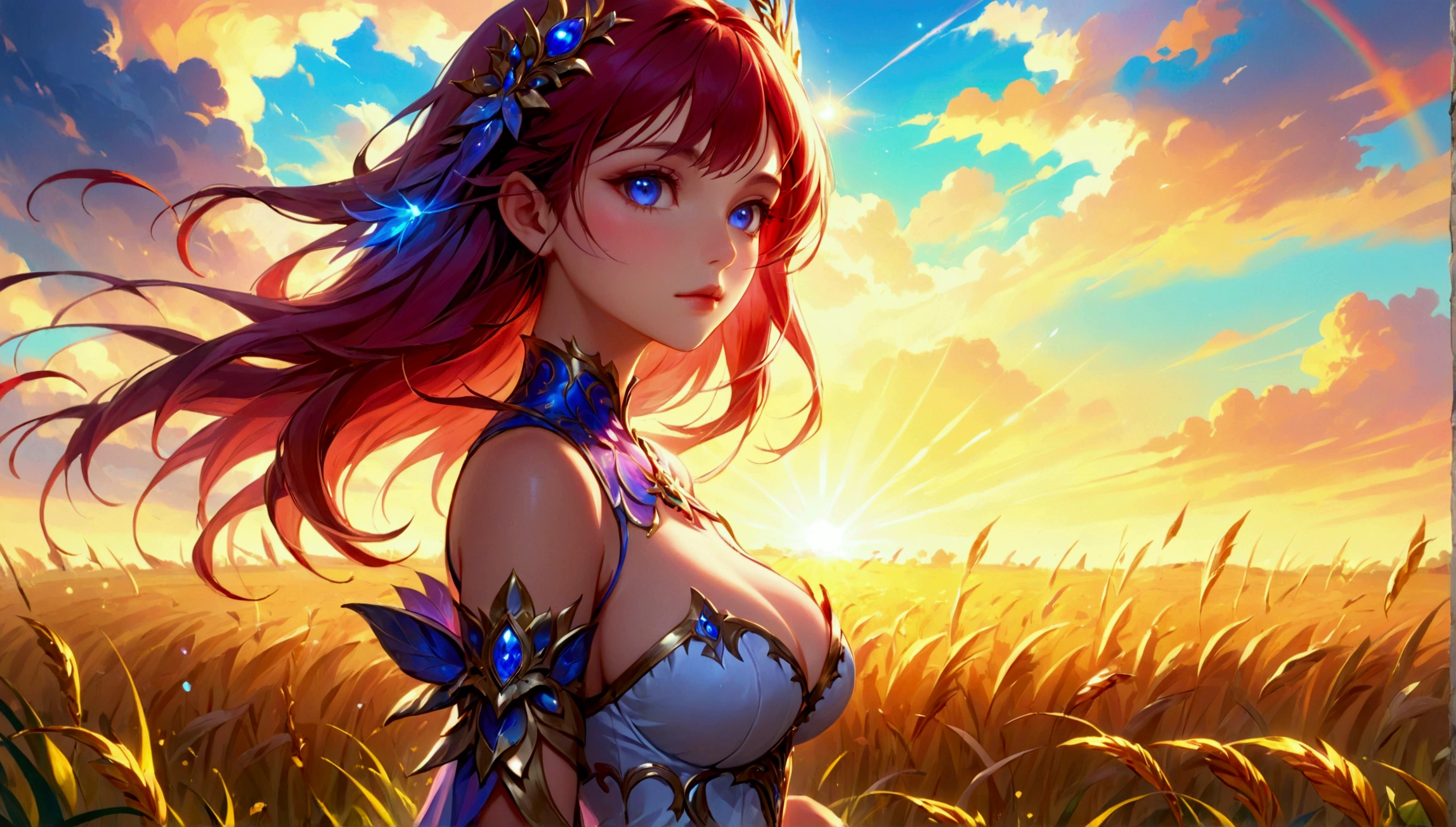 (Best quality, 8K, Masterpiece: 1.2), Very Detailed Face, Beautiful Detailed Eyes, Beautiful Detailed Lips, Ultra Detailed Big Breasts, Extremely Profiled Breasts, Extreme Detail Description, Vivid and Intense Colors, Vibrant Colors, Bright Magic Aura, Ethereal Lighting, Cute Woman in a Skimpy Dress Is Standing in a Field, Fantasy Art Style, Beautiful Fantasy Art, Epic Fantasy Art Style, Fantasy Woman, Digital Fantasy Art, Amazing Fantasy Art, A Beautiful Fantasy Empress, Very Beautiful Fantasy Art, Detailed Fantasy Digital Art, 2. 5D CGI Anime Fantasy Artwork