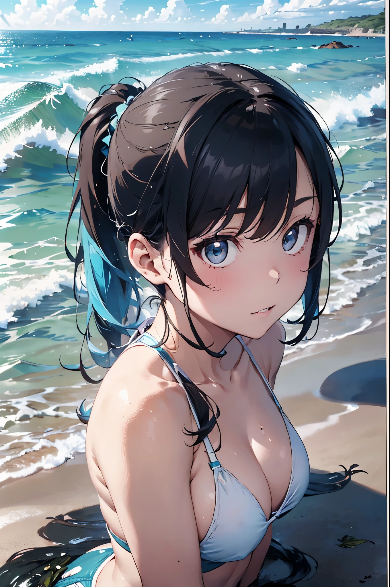 High resolution,topless、
One beautiful young woman,Light blue hair、ponytail、
(Soft Saturation:1.3), (Fair skin:1.2),
(ultra-Detailed Background, Detailed Background), Bokeh,
break&#39;Portrait of a smiling girl.,
When viewed from the front, The composition is symmetrical,
Looking straight at you with serious eyes,
break Swimwear, White Bikini, Center of chest, 
Outdoor, Sea surface, null, sunlight,Summer beach, Sandy Beach,
Strong light, Front lighting, 
(Teen:1.3), (Cowboy Shot:1.2),
Front brake angle,
View your audience,
Dynamic pose,
sitting on the beach

Seaweed、Seaweed、Seaweed、Seaweed、Seaweed、Seaweed、Seaweed、