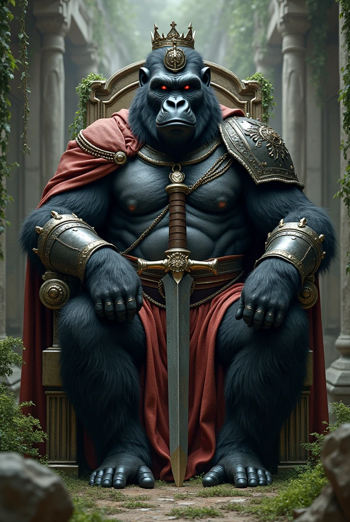  dark gorilla king in battle armor with sword , a crown, sitting on a throne in a ruined stone palace ,with vegetation