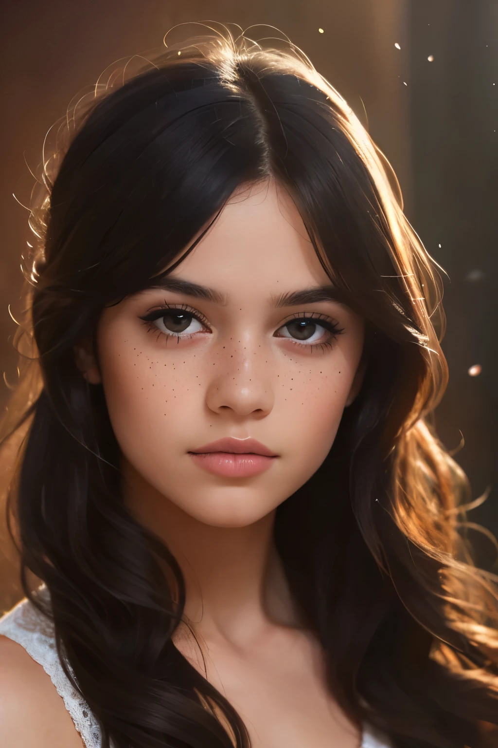 ((best quality)), ((masterpiece)), (detailed), beautiful young six year old girl, perfect face, calm expression, soft expression, not fully smiling, (dark brown eyes), (black eyes), photorealistic, detailed long hair, perfect lighting, (young), delicate gentle, feminine, she is beautiful, she is calm, photorealistic image, detailed long hair, perfect lighting, (young), delicate, gentle, feminine, she is beautiful, she is calm, photorealistic image, long black hair, dark brown sheen, clear brown eyes, clear black eyes, light freckles across her cheeks, long wavy hair, long curly hair, realistic, (tanned white skin)