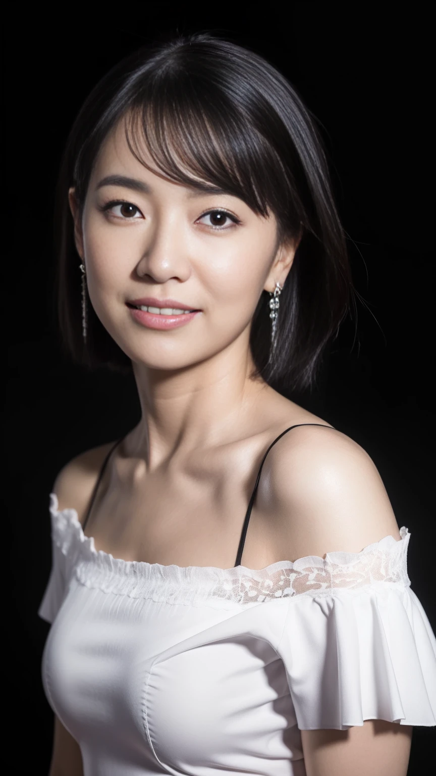 (((Highest quality)), ((8k)), ((masterpiece: 1.3)), (Photorealism: 1.6), (JMA), (Who), (Portrait of a Japanese mature woman), (Pitch black background: 1.2), (65-year-old woman), (Cat face), (Perfect looks), ((Realistic skin texture)), (Fine wrinkles all over the skin), (Dullness), (Facial wrinkles), (Wrinkles around the eyes), double eyelid, Tear bags under the eyelids, (corner of the eye), Thin eyebrows, (Grimacing and laughing), Short bangs, short hair, (Loose-fitting blouse with a wide neckline: 1.2), (Close-up of face),