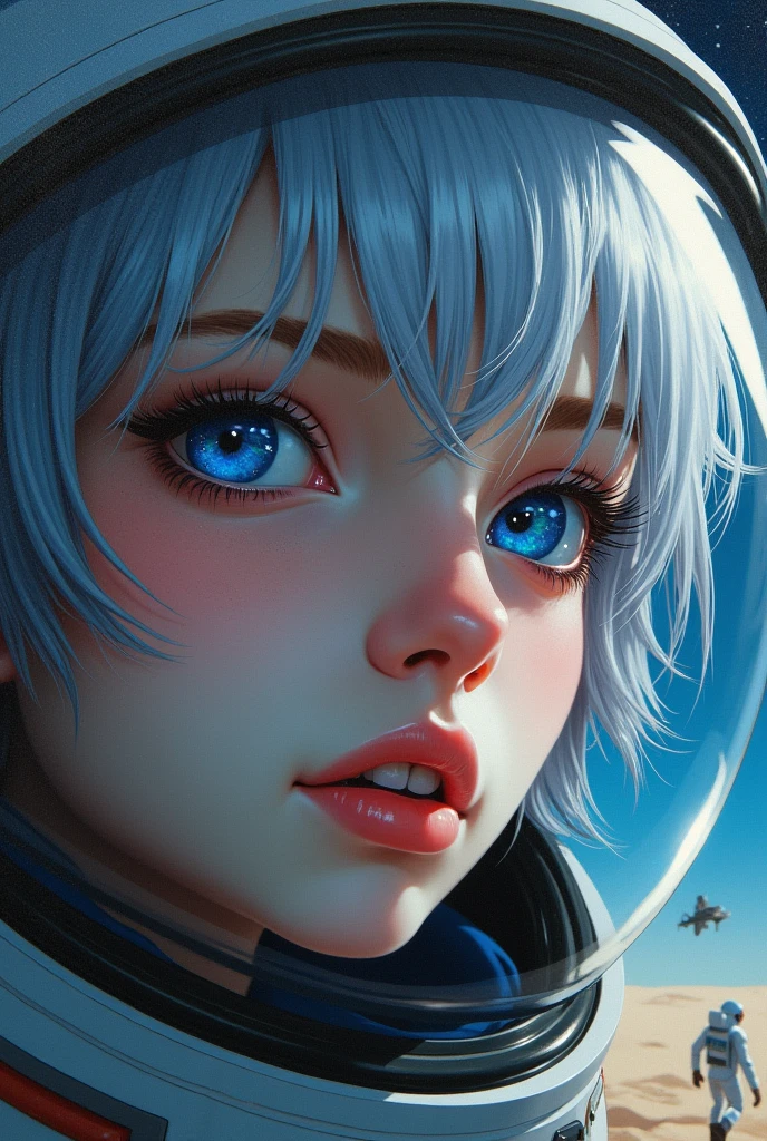 (Close-up of a better masterpiece:1.5)0.9], (Space and astronauts:1.2) (Messy silver hair:1.1) (Heterochromia xanthochromia and blue eyes:1.2) (Space Helmet:1.0) (Colored stars in the eyes:1.0) (A radiant glow:1.1) (thick lips:0.9)