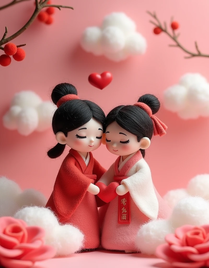 Wool felt style,Surreal space,abstract,Qixi Festival,Ancient Chinese Mythology,by Amigurumi,New three-dimensional ancient style,Young men and young women wearing Hanfu,Snuggle together,柔软的Love在两人中间,Fluffy clouds,Flowers,Love,Aesthetic filters,Pink picture,Girl's Heart,Beautiful pictures,Sense of atmosphere,Warmth,Pink background
