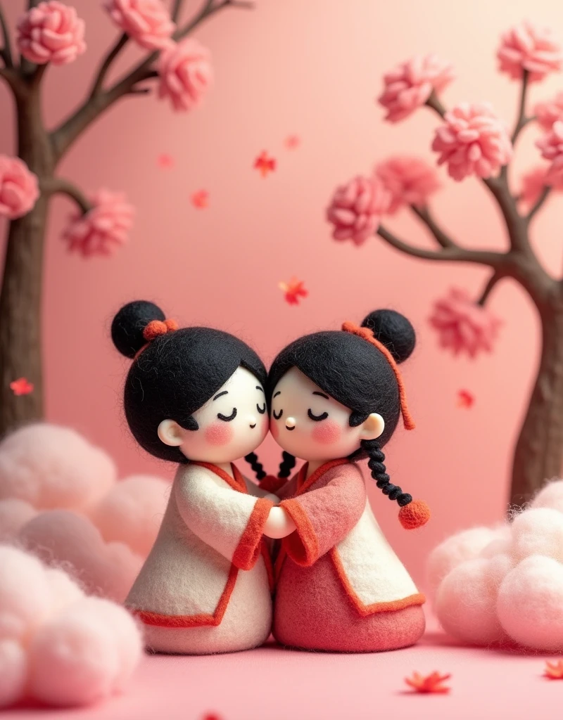 Wool felt style,Surreal space,abstract,Qixi Festival,Ancient Chinese Mythology,by Amigurumi,New three-dimensional ancient style,Young men and young women wearing Hanfu,Snuggle together,柔软的Love在两人中间,Fluffy clouds,Flowers,Love,Aesthetic filters,Pink picture,Girl's Heart,Beautiful pictures,Sense of atmosphere,Warmth,Pink background