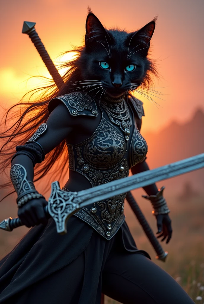 Cait Sith Warrior, ultra wide angle 20mm Cannon EOS photography of a cute anthropomorphic black cat swordmaiden in atack pose, (human + cat mixed face), tail, black long hair, furry skin, clear blue eyes, (chainmail, silver, intrincate tribal desing) (realistic, sharp focus, dof, sunset, godray, wallpaper, detailed, small details, intrincate, 8k hdr, golden ratio, asymmetry, masterpiece)