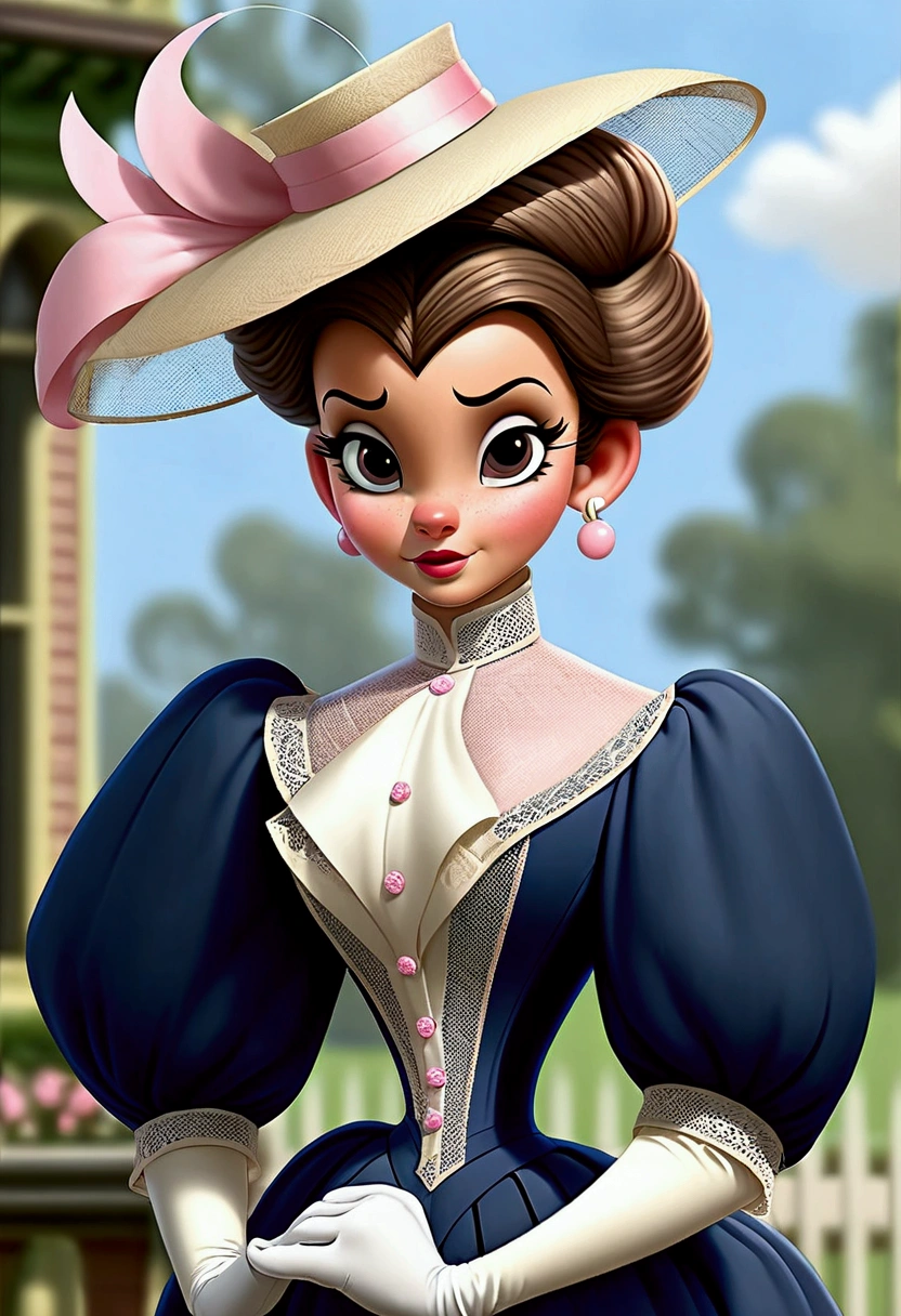 Year 1898. Humanized Minnie Mouse as a pretty, flirty 12yo girl. 1890s fashion. Victorian high-collar navy blue dress with (((long puff sleeves cuffed into wrist-high white silk gloves. )))Powder blue sash cinched around her waist. Navy blue ankle skirt. (((Pink straw boater hat with a stuffed white bird held on top and a veil in the front))). Long brunette hair (((tied into a bun enclosed in a net))). Wasp waist. (((Bubble butt sticking out))). Petticoats. Thigh-high silk stockings. High-waisted open bloomers. (((White high-heel button boots:1.2))). 10s fashion. Victorian park setting