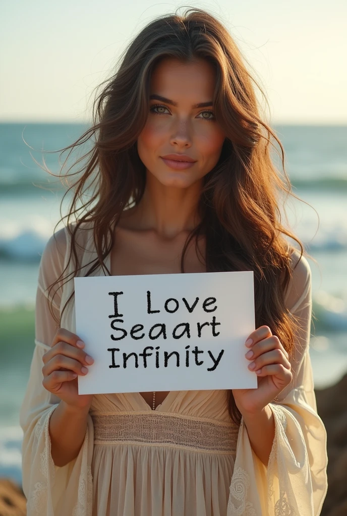 Beautiful girl with wavy long hair, bohemian dress, holding a white board with text "I Love Seaart Infinity" and showing it to the viewer

