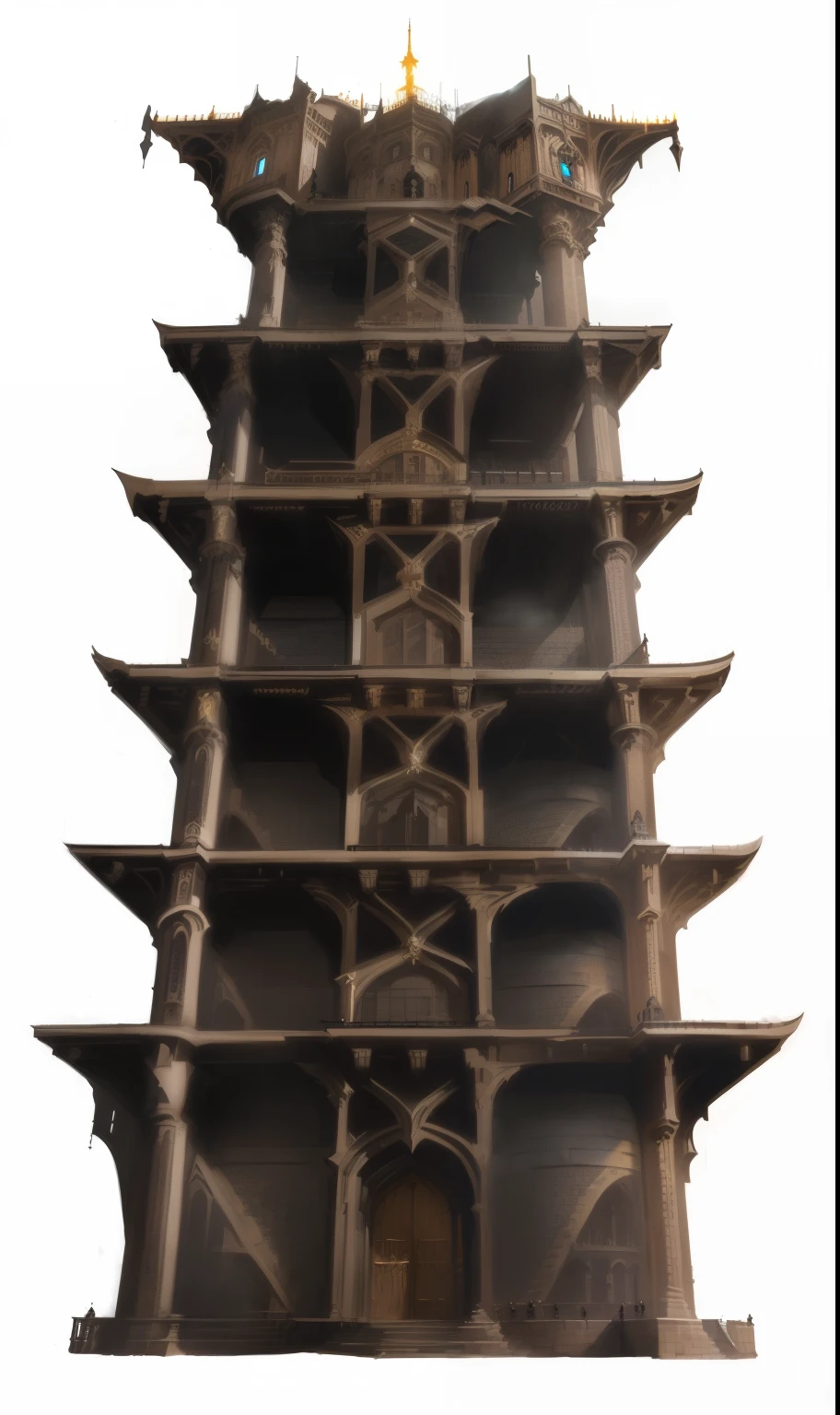 A tall tower，giant medieval tower concept art, Gothic Epic Library Concept, Huge and majestic steampunk tower, Giant Tower, full building, dwarven architecture，Diablo concept art