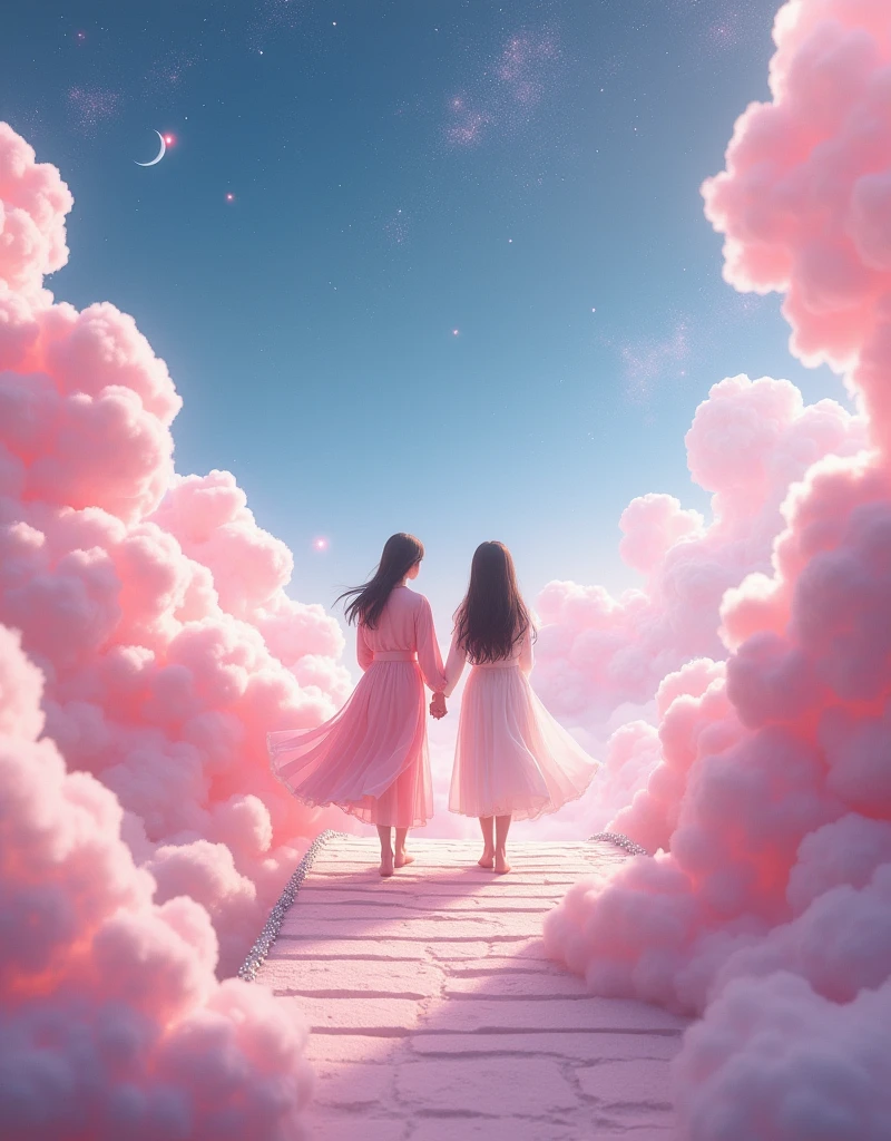 In a vast 3D universe，The Cowherd and the Weaver Girl stand on a magpie bridge made of soft pink clouds。These clouds are fluffy and soft，As if just plucked from the sky，Each flower has a delicate texture and slight elasticity.。The edge of the magpie bridge is still hung with strings of glittering pearl-like dewdrops.，About to drip。The starry sky around，Stars are not the usual sharp points of light，But each one is round and full、A ball of light woven from soft threads of light，Exudes a soft and warm glow，Like freshly baked marshmallows。The clothes worn by the Cowherd and the Weaver Girl are made of silk that is as light as mist.，When the wind blows，The folds of silk flow naturally like water ripples，The edges of the clothing are inlaid with fluffy white down.，Adds a bit of warmth and romance。Their hair is not a rigid line.，But a strand of silky soft、Slightly curly filaments，As if I could feel the gentle breeze。