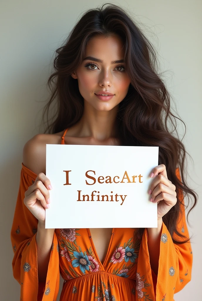Beautiful girl with wavy long hair, bohemian dress, holding a white board with text "I Love Seaart Infinity" and showing it to the viewer