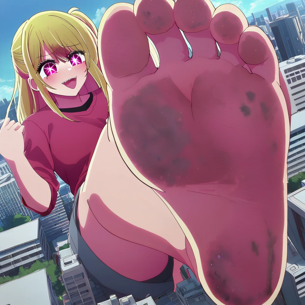 1 girl, oshi no ko, ruby hoshino, stepping, stepped on, pov, angle from above, no shoes, feet, looking down, toes, one, leg lift, foot focus, barefoot, standing on one leg,  depth of field, outdoors,( foreshortening:1.2), facial blur, blurry face, building, city, sky, cloud, giantess, mega size, masterpiece, best quality, absurdres, ultra detailed, confident look, rampage, (smirk:0.6) blonde, 6 pointed star pupil on right eye, five toes, detailed star pupil, full body shown, stinky feet, extremely dirty feet, detailed dirty feet, detailed full body, crushing a city with bare foot, a panel of her laughing at the side, 5 toes only, high quality, not out of frame, detailed eyes, the shape of a perfect foot, the shape of perfect legs, perfect body shape, 5 finger, ultra detailed feet, foot fetish, divine, only 5 toes each foot, bigger than earth